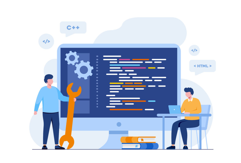 Web development. programming languages. css, html, it, ui. programmer cartoon character developing website, coding. flat illustration banner alt="reasons to choose eFACiLiTY integrated workplace management software solutions"