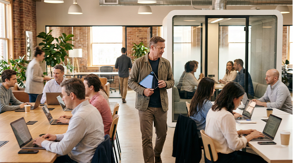 Co-working space using space management software for desk and room scheduling