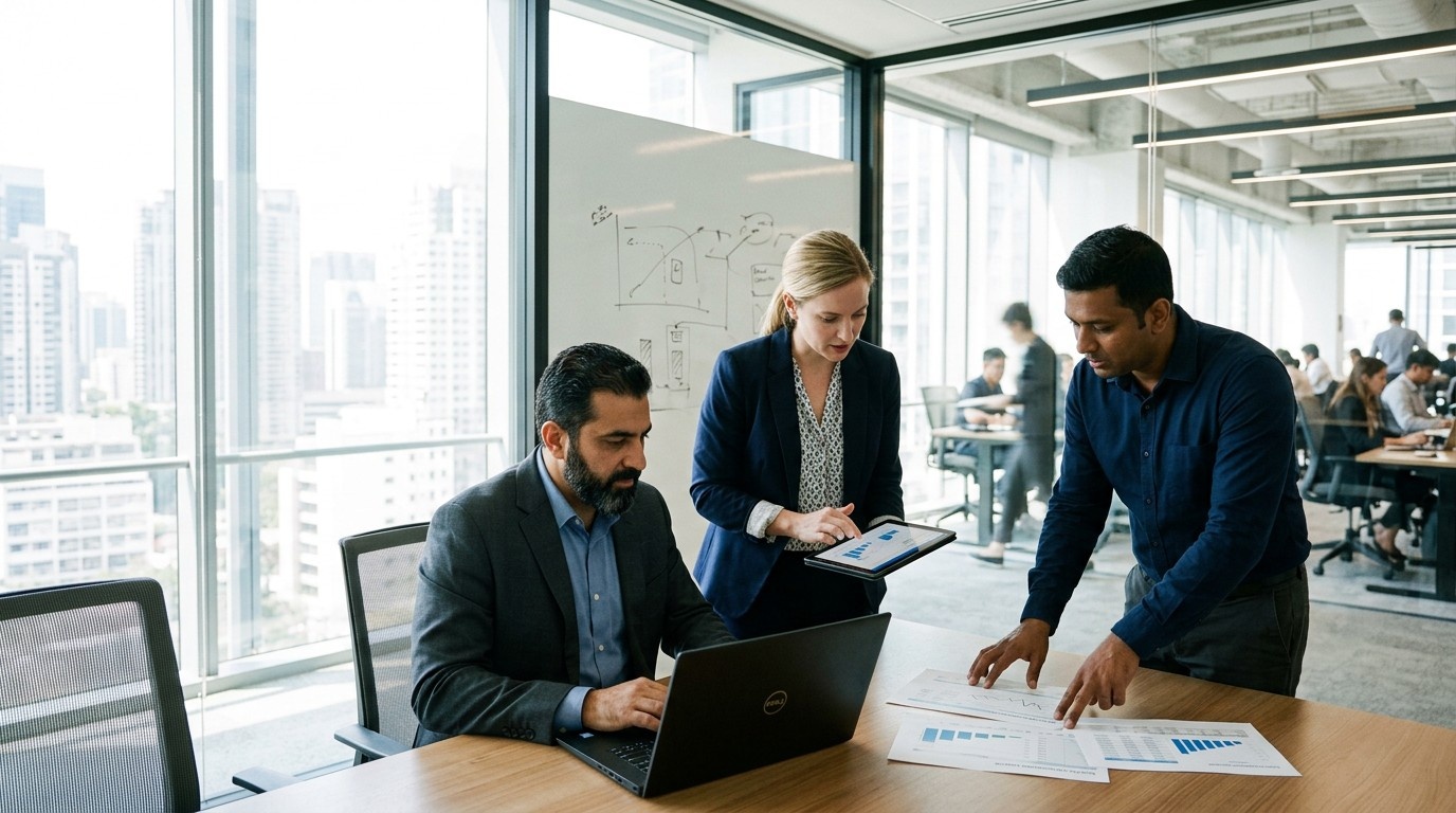 CFO reviewing workplace analytics and real estate cost data in IWMS dashboard