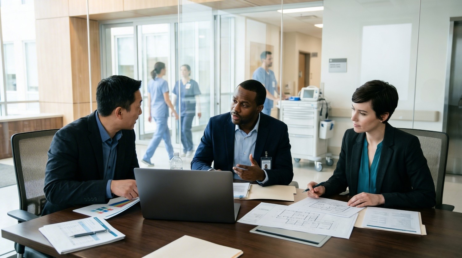 Hospital facility management software dashboard showing CAFM/CMMS maintenance automation and asset monitoring