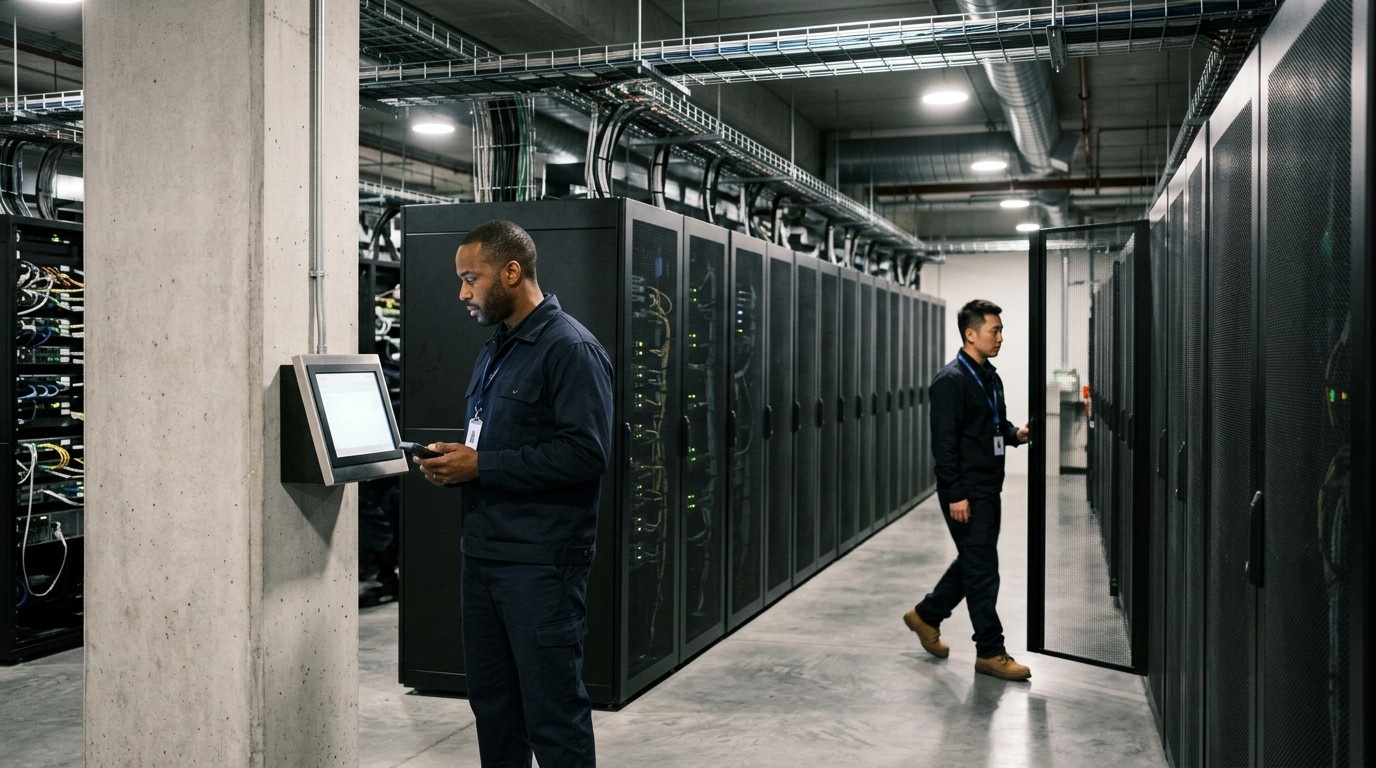 Data center facility manager reviewing equipment and maintenance data in CAFM dashboard