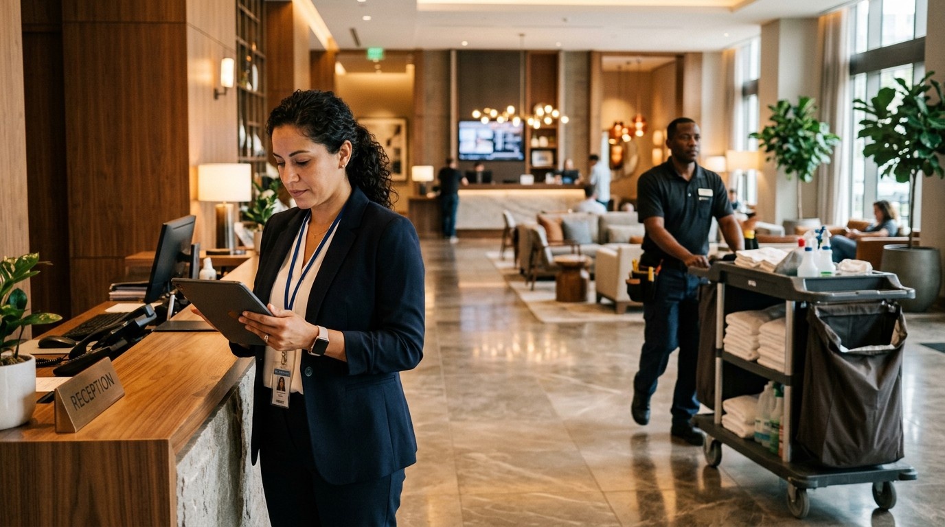 Hotel engineering team monitoring maintenance tasks in CAFM software dashboard