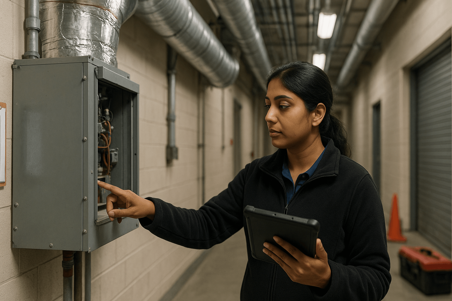 Facilities manager reviewing CAFM software dashboard showing asset map, maintenance schedules and space utilization reports