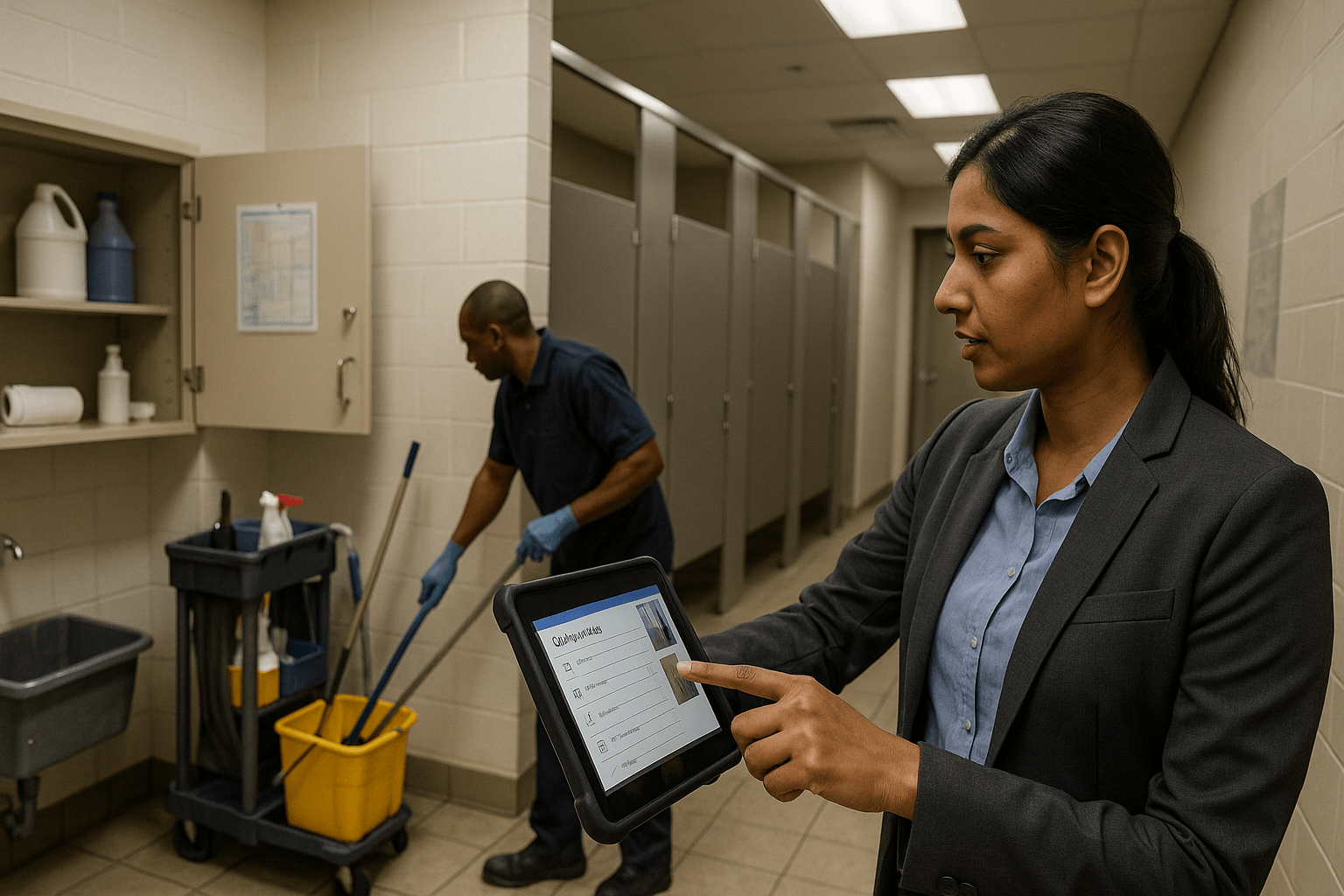 Facilities team reviewing CAFM dashboard on laptop in office meeting, planning maintenance and asset workflows