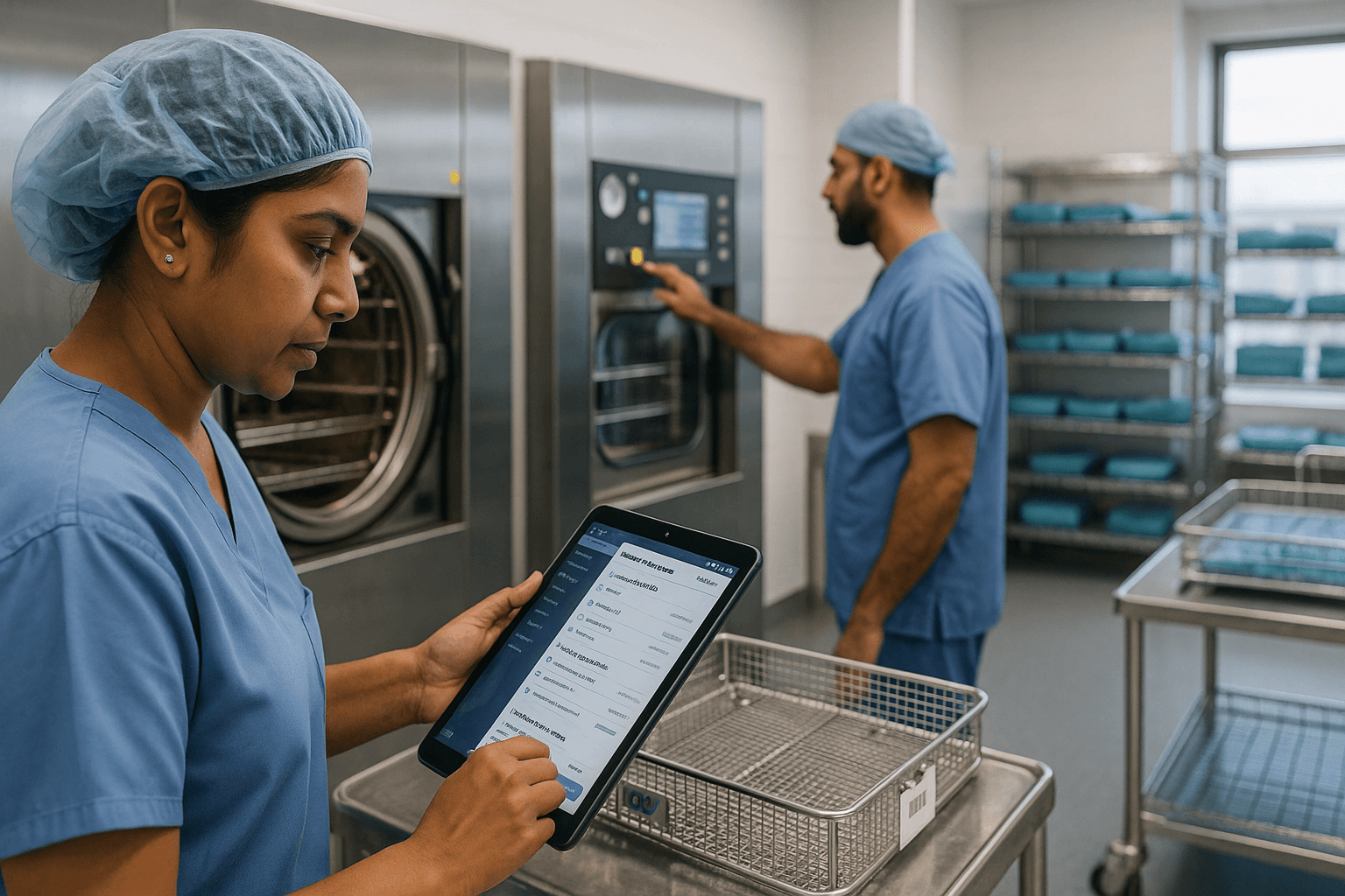 CAFM tablet dashboard for sterilization workflows showing instrument status, workflow steps, compliance tasks, and team roles.