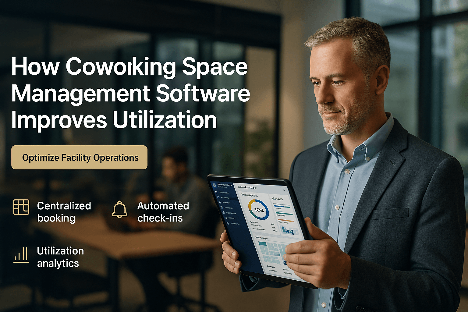 Facility managers in a coworking office consulting a CAFM dashboard showing bookings, space utilization, and maintenance tasks