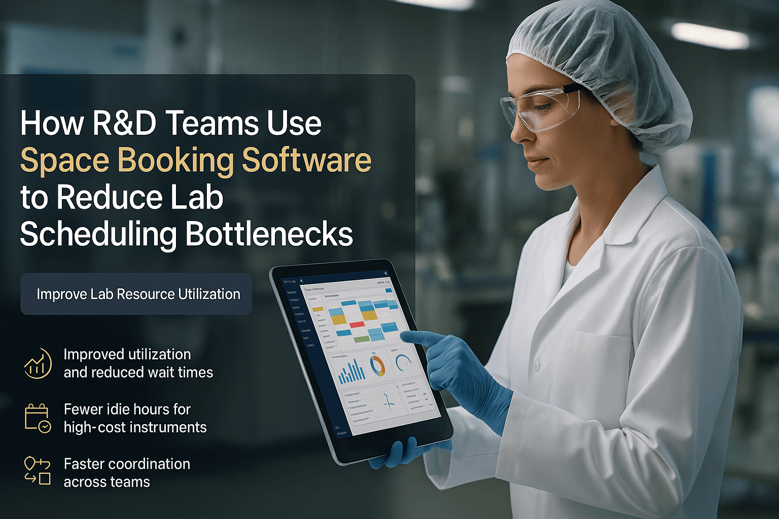 Facility manager interacting with a desk booking dashboard on a tablet, showing available workspaces and CAFM integration.