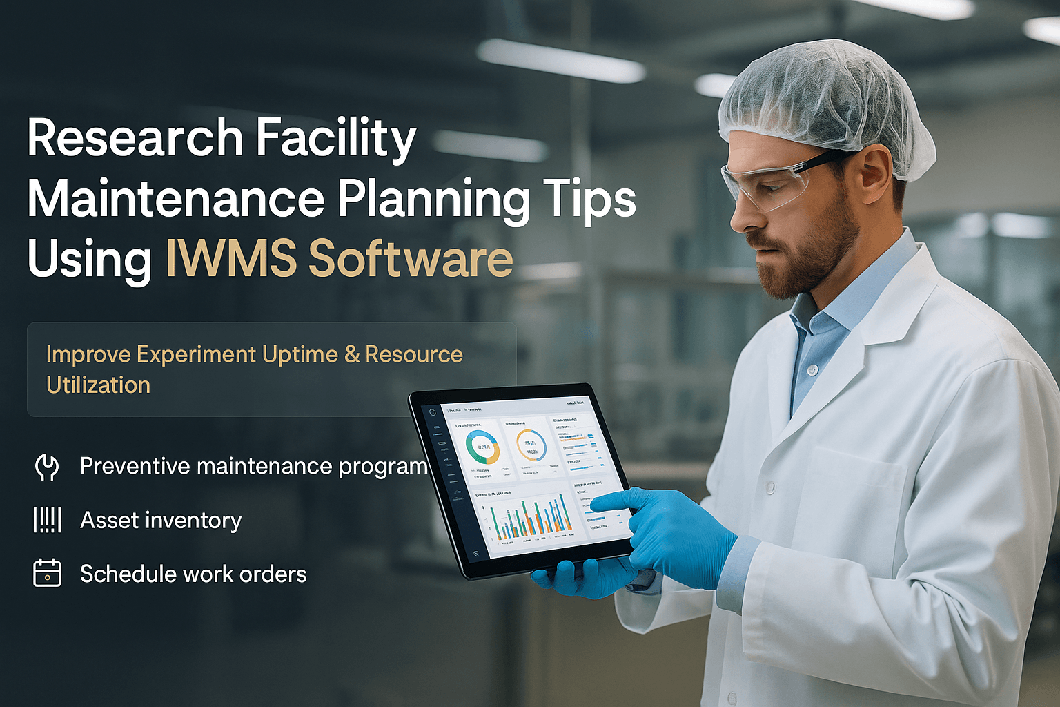Facilities manager reviewing IWMS Software dashboard with CAFM floor plans, asset inventory and team workflow in B2B office.