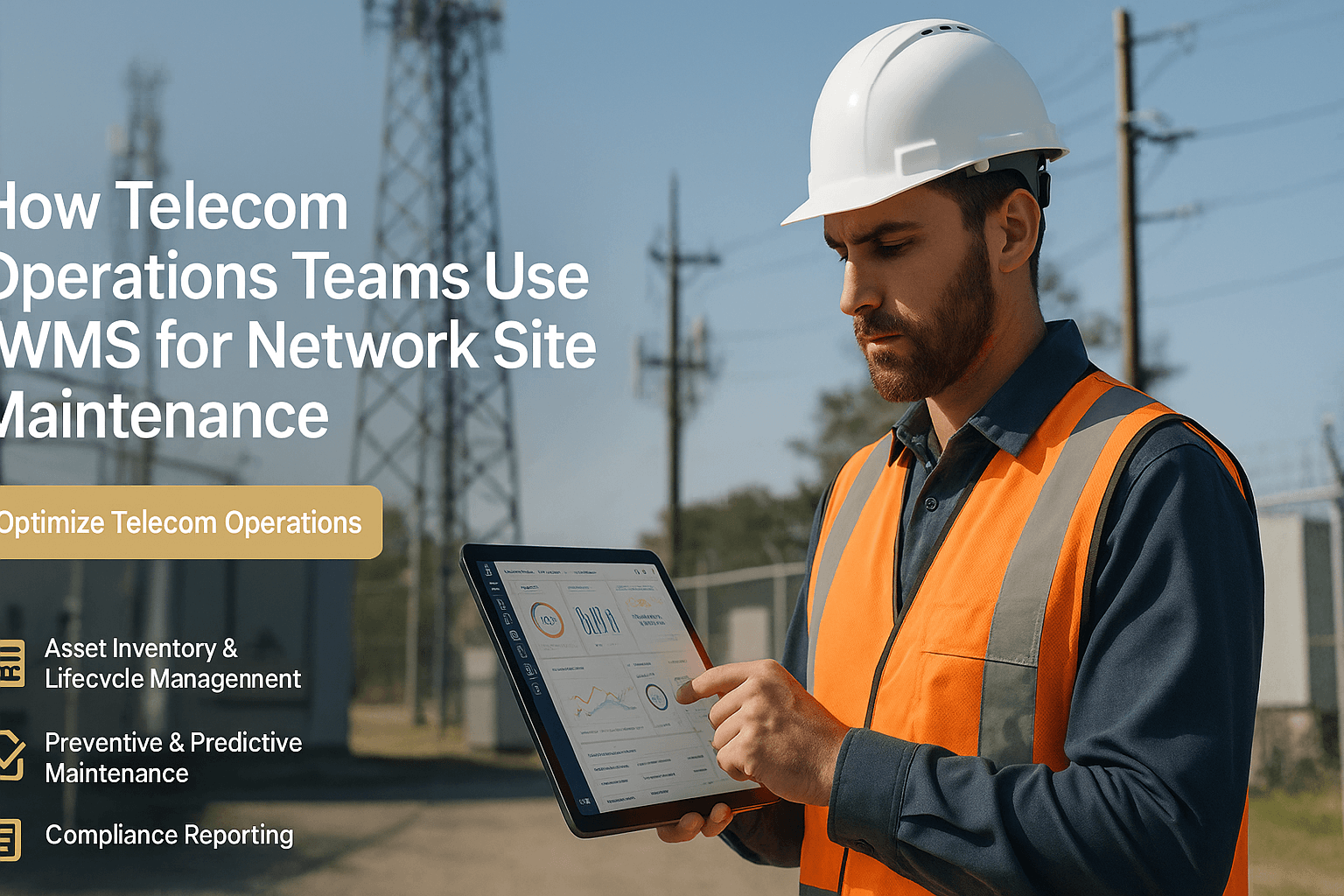 CAFM dashboard on a tablet showing IWMS for network site maintenance schedules and asset locations for telecom sites