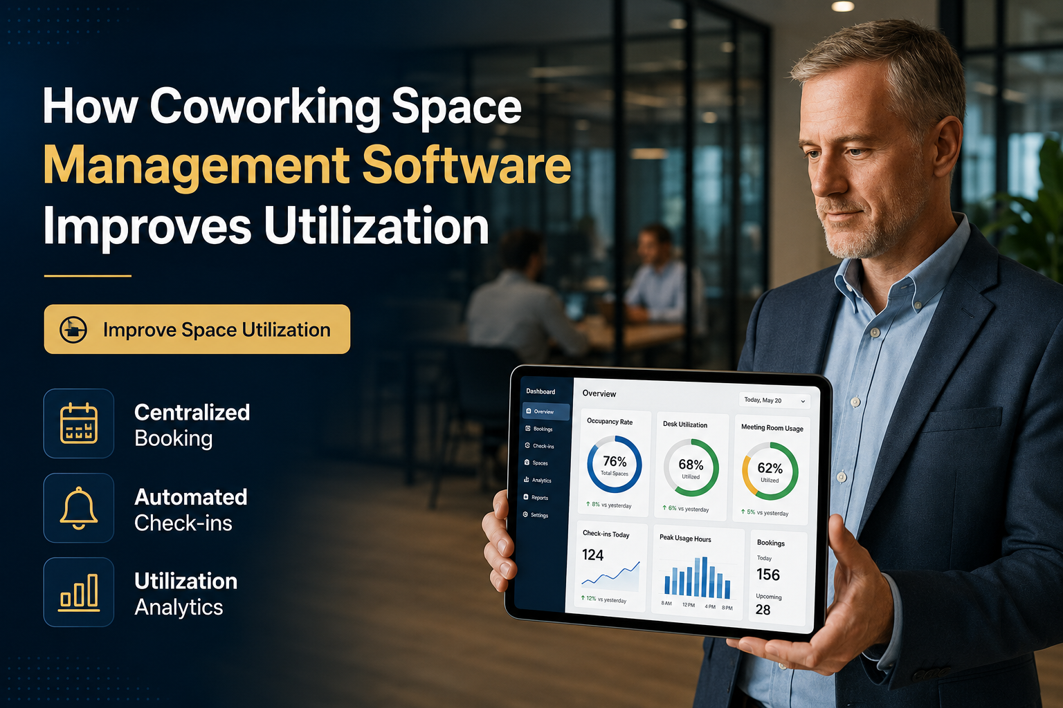 Professional coworking space manager presenting a tablet dashboard showing occupancy rate, desk utilization, meeting room usage, check-ins, and bookings for improving space utilization.