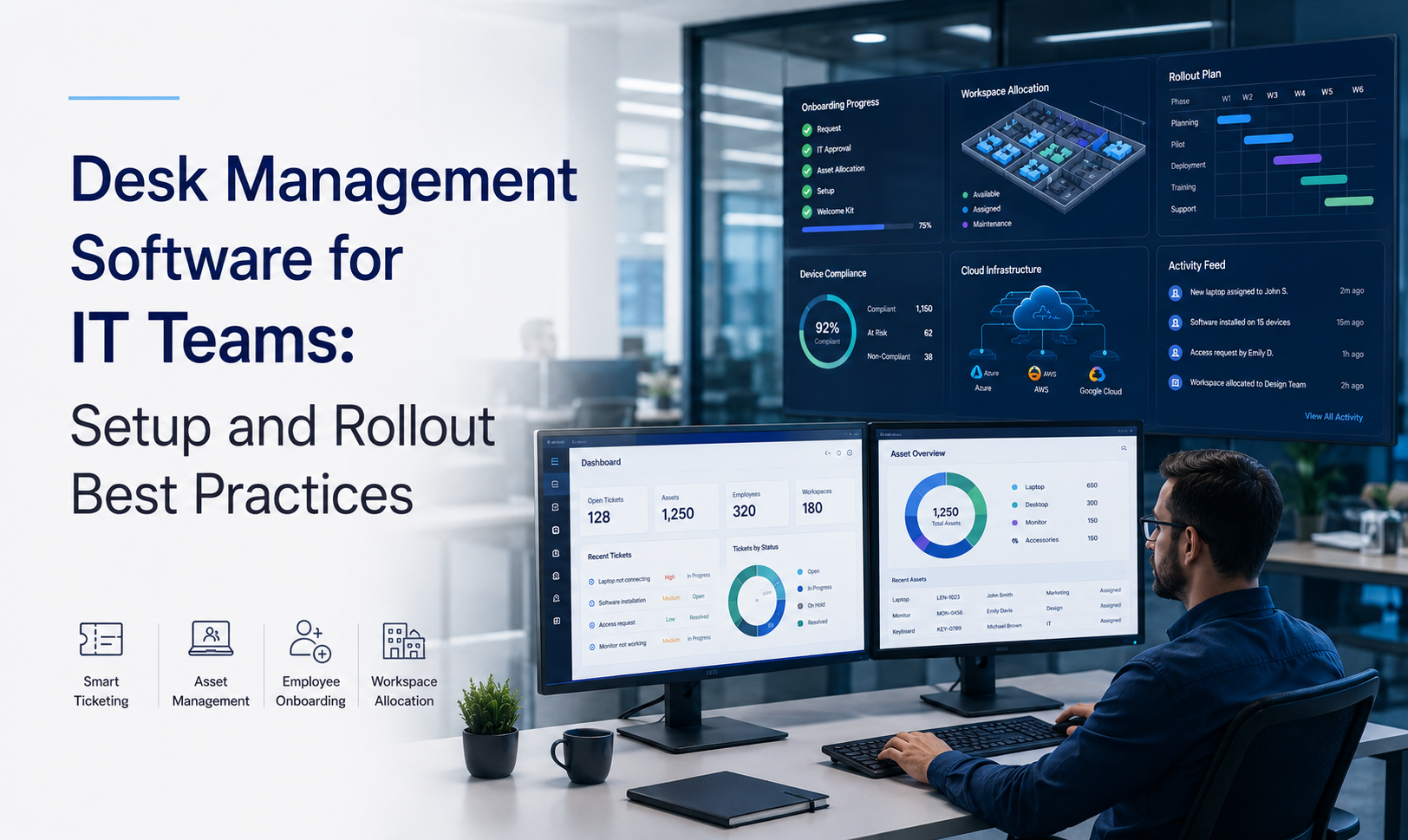 IT team managing desk management software dashboards in a modern enterprise workspace