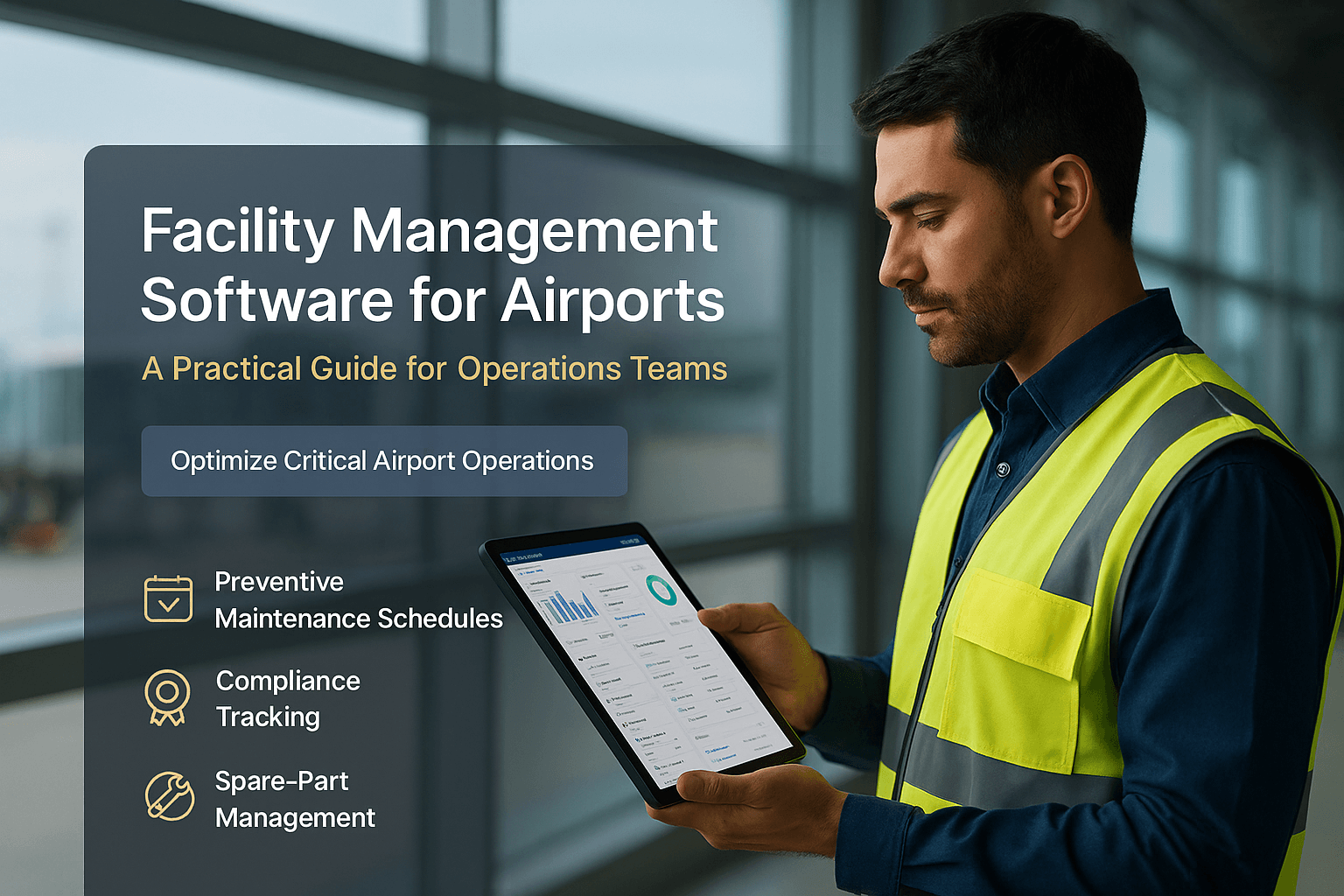 Airport operations team using CAFM dashboard on large screen to manage terminals, maintenance schedules, and asset workflows.