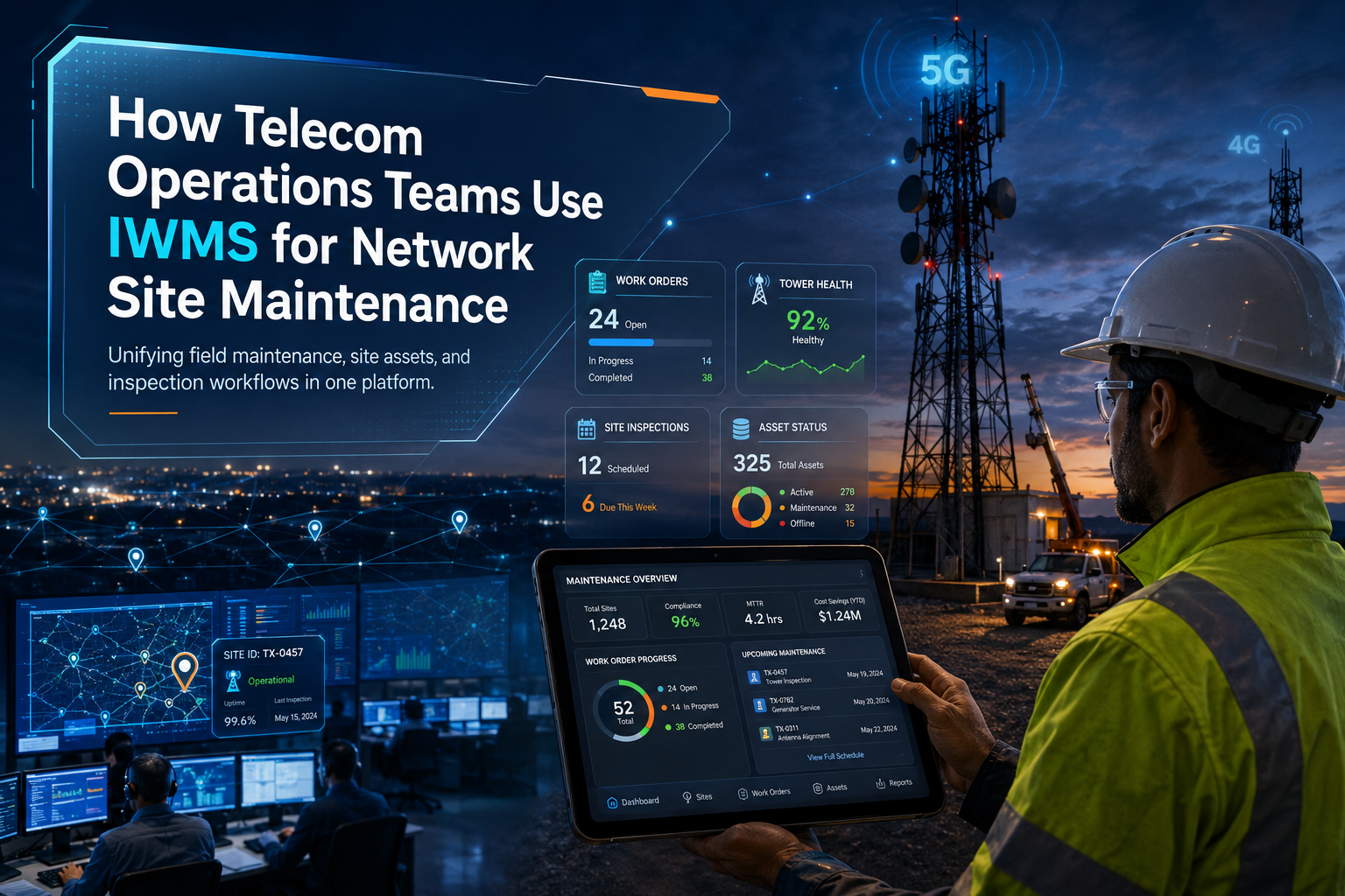 Telecom engineer using IWMS dashboard for network site maintenance, work orders, tower health, asset status, and site inspections.